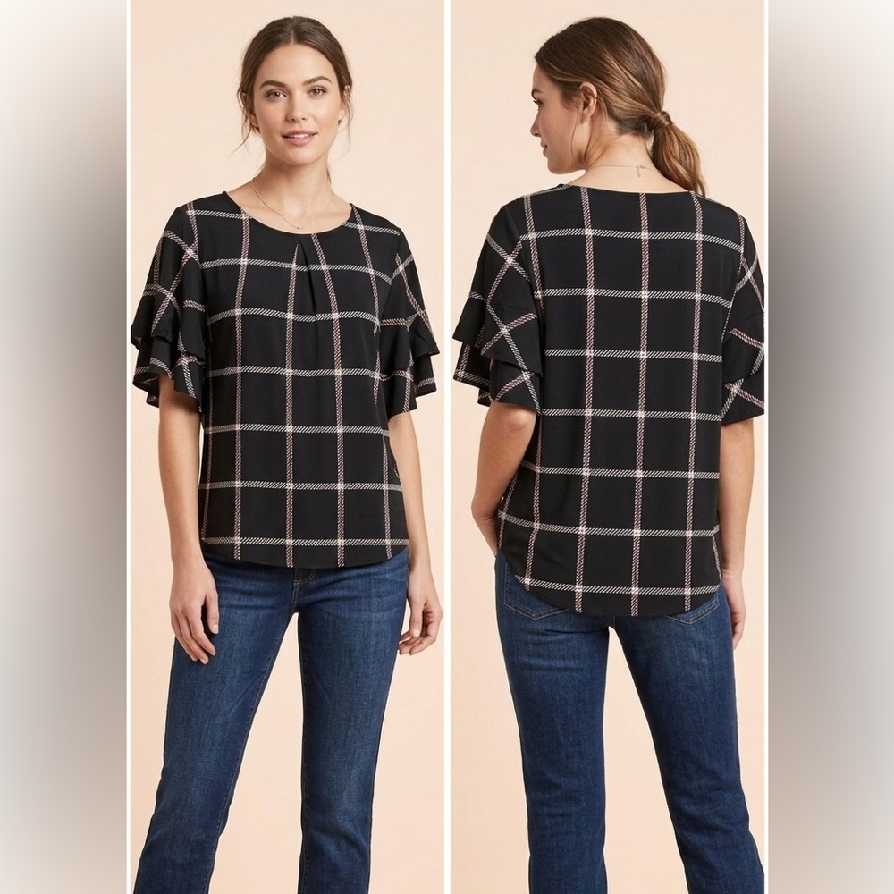 Liz Claiborne Blouse Petite XL Black Double Ruffle Sleeves Stretchy